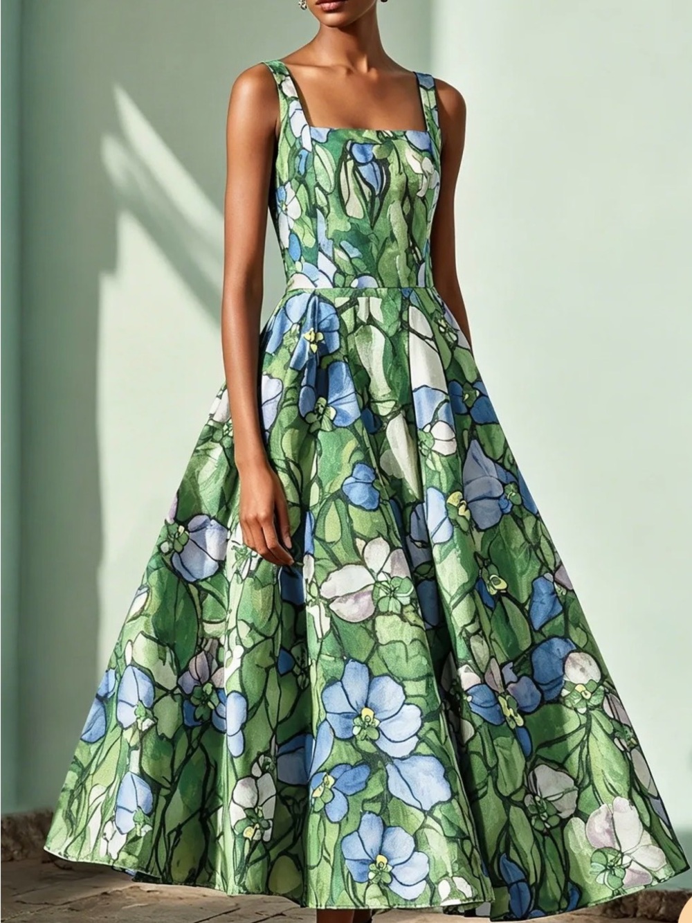 Maxi Linen Dress , Sleeveless, Square Neck, Floral, Church Glass, Vacation